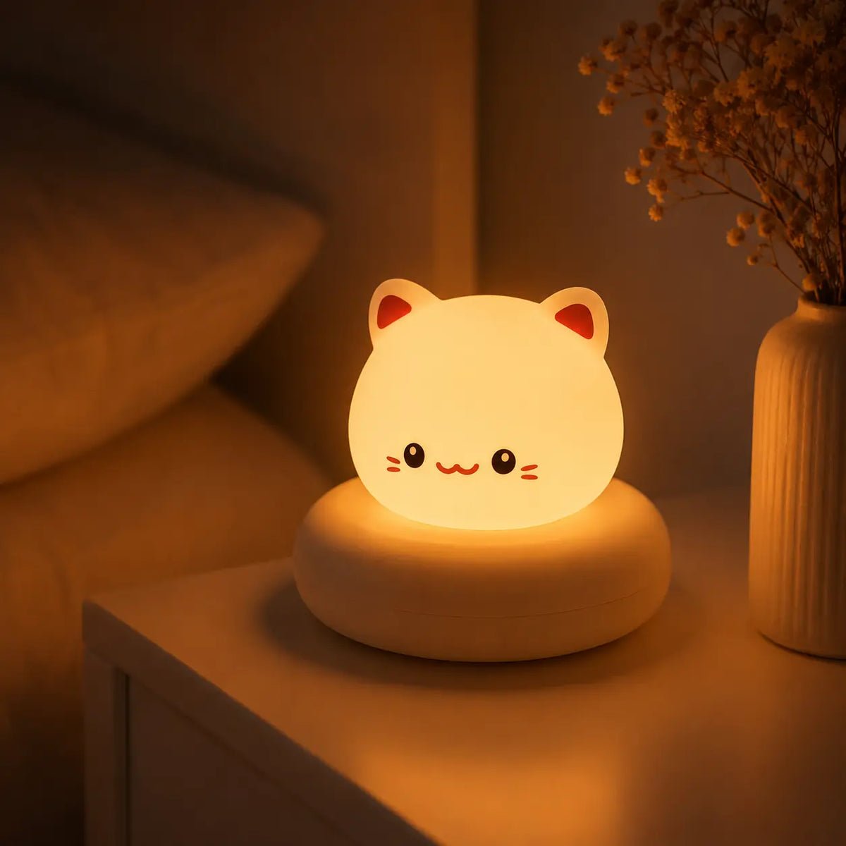 Veilleuse blanche en forme de tête de petit chat allumée, posée sur son large socle circulaire de couleur crème sur une table de chevet à côté d'un lit. Elle diffuse une lueur chaude et tamisée dans une chambre à coucher à l'ambiance douce et apaisante, juste à côté d'un vase blanc contenant des fleurs séchées.