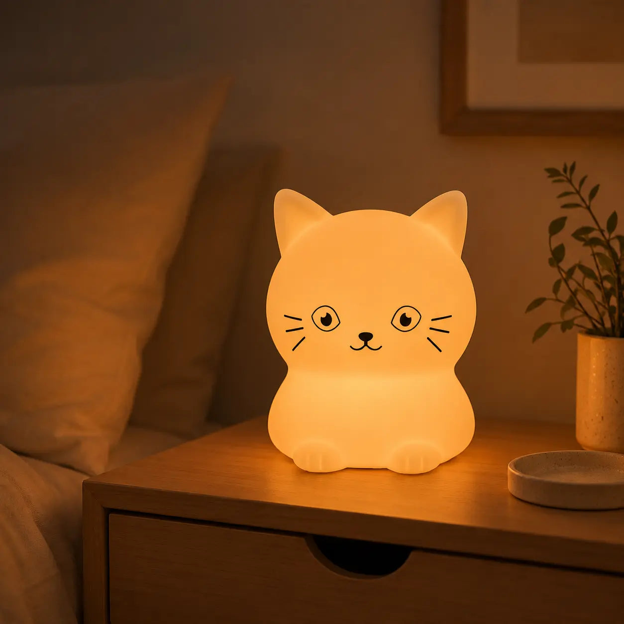Veilleuse en forme de petit chat allumée posée sur une table de chevet dans l'obscurité.