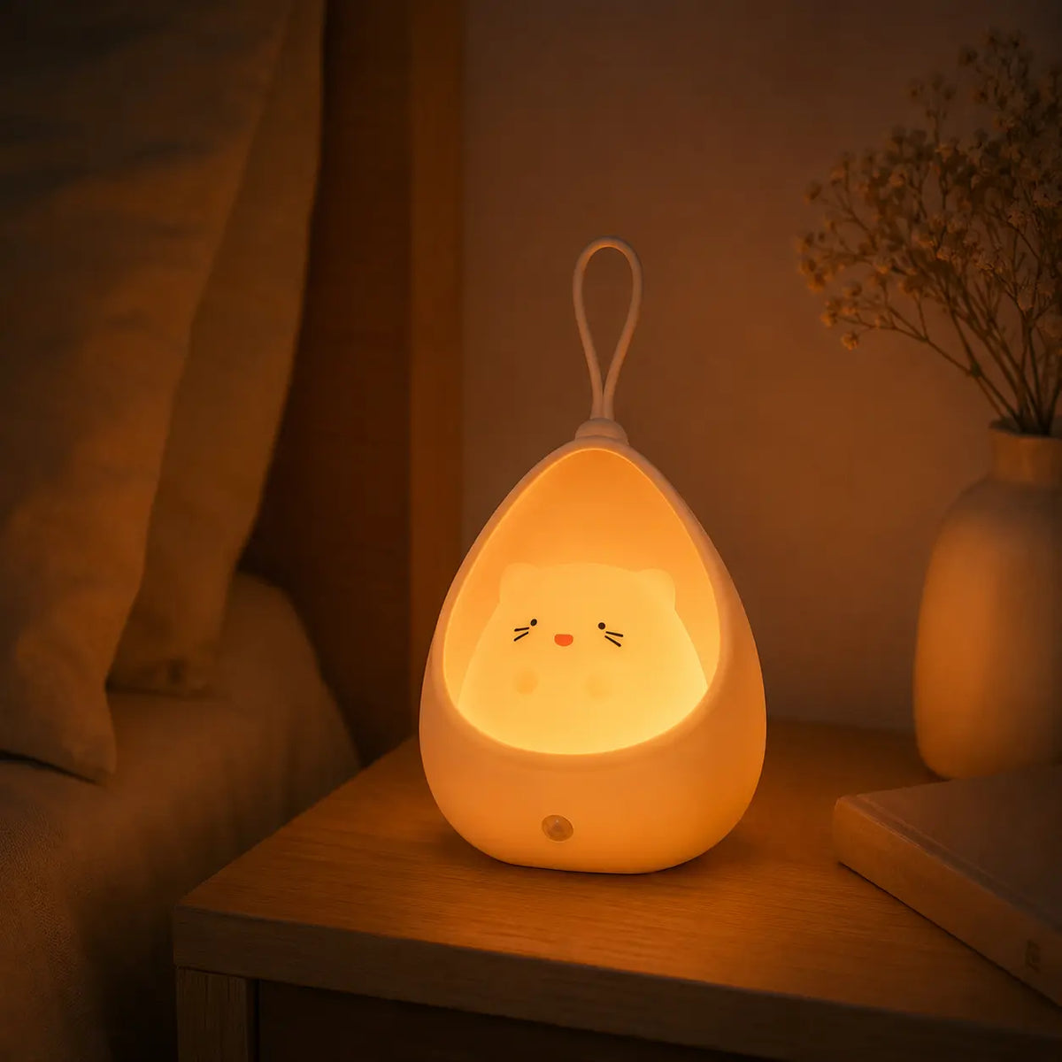 Veilleuse chat cocon blanche allumée diffusant une lumière chaude tamisée sur une table de chevet en bois. Elle est placée à côté d'un lit avec un oreiller beige et d'un vase blanc contenant des fleurs séchées