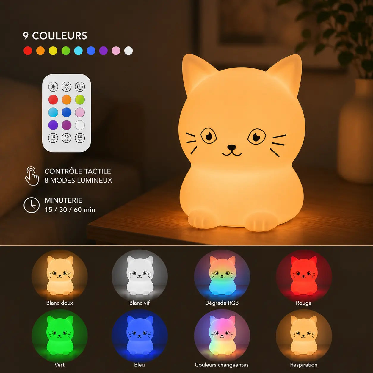 Infographie en français détaillant les modes télécommande et les modes tactiles de la veilleuse chat.