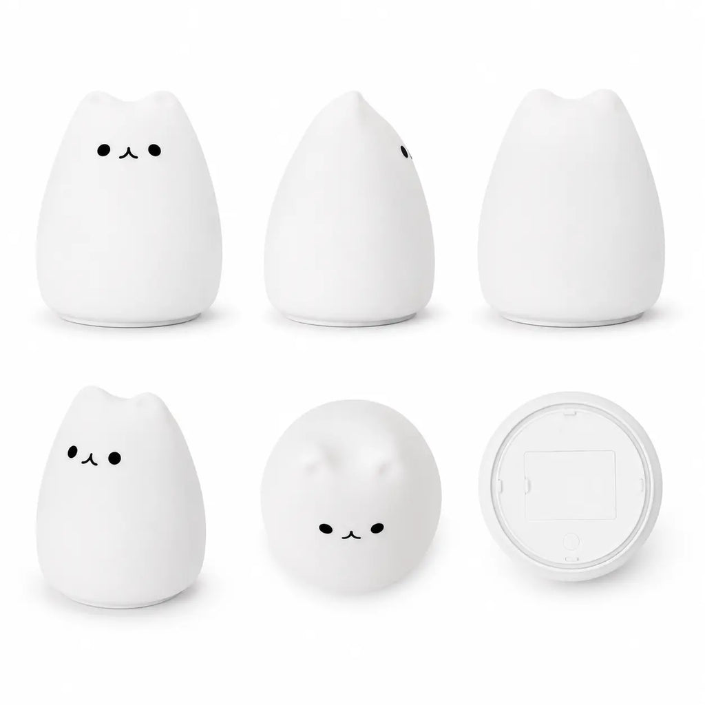 Mosaïque de six visuels présentant une veilleuse chat en silicone blanc éteinte sous différents angles. Le produit au design minimaliste est photographié de face, de profil, de dos, de trois-quarts, du dessus et du dessous pour dévoiler sa base ronde sur un fond blanc uni.