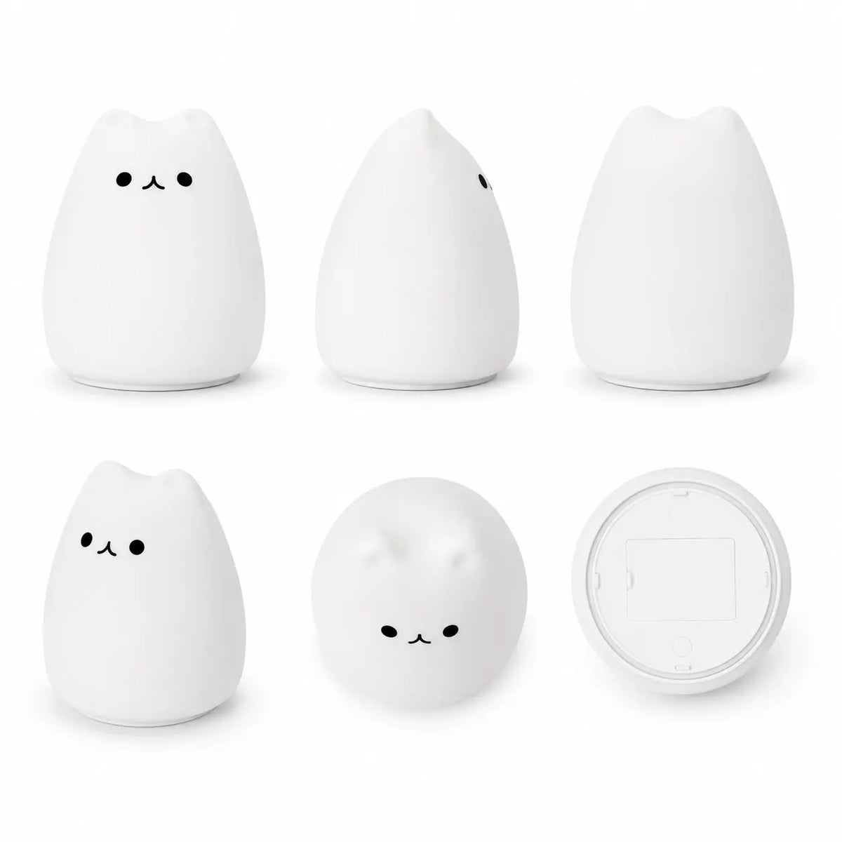 Mosaïque de six visuels présentant une veilleuse chat en silicone blanc éteinte sous différents angles. Le produit au design minimaliste est photographié de face, de profil, de dos, de trois-quarts, du dessus et du dessous pour dévoiler sa base ronde sur un fond blanc uni.