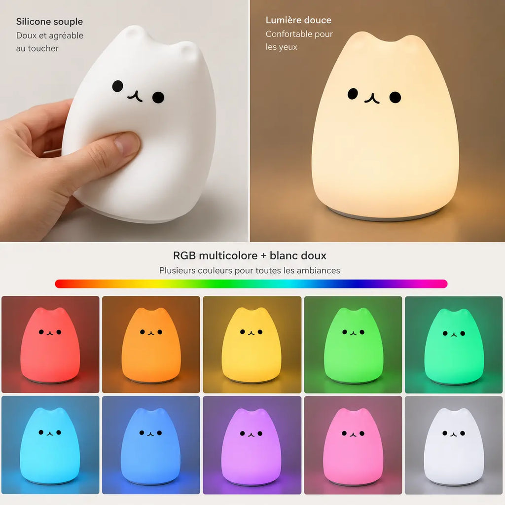 Infographie en français montrant une veilleuse chat en silicone souple et texturée. La partie supérieure illustre sa matière malléable pressée par une main et sa lumière chaude confortable pour les yeux. La partie inférieure présente dix vignettes exposant les différentes déclinaisons de couleurs de son éclairage RGB multicolore.
