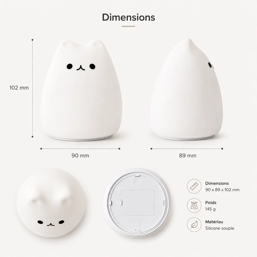 Infographie présentant les dimensions d'une veilleuse chat en silicone (90 x 89 x 102 mm) et son poids (145 g). Le visuel montre le produit éteint sous quatre angles différents (face, profil, dessus, dessous) sur un fond blanc épuré.