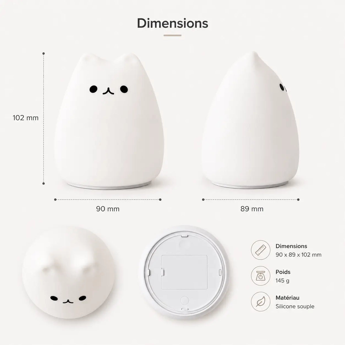 Infographie présentant les dimensions d'une veilleuse chat en silicone (90 x 89 x 102 mm) et son poids (145 g). Le visuel montre le produit éteint sous quatre angles différents (face, profil, dessus, dessous) sur un fond blanc épuré.