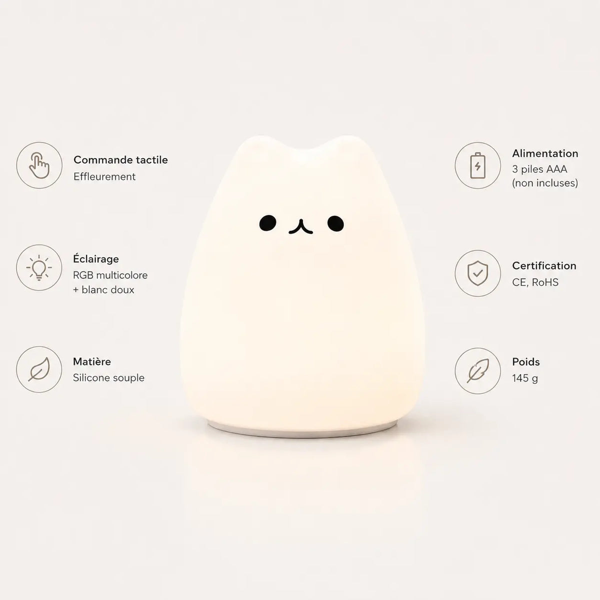Infographie en français d'une veilleuse chat en silicone blanc allumée. Le visuel détaille ses caractéristiques techniques de chaque côté du produit : commande tactile par effleurement, éclairage RGB multicolore et blanc doux, matière silicone souple, alimentation par 3 piles AAA, certifications CE et RoHS, et poids de 145 g.