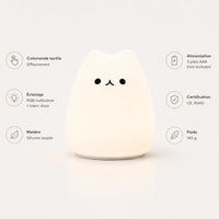 Infographie en français d'une veilleuse chat en silicone blanc allumée. Le visuel détaille ses caractéristiques techniques de chaque côté du produit : commande tactile par effleurement, éclairage RGB multicolore et blanc doux, matière silicone souple, alimentation par 3 piles AAA, certifications CE et RoHS, et poids de 145 g.