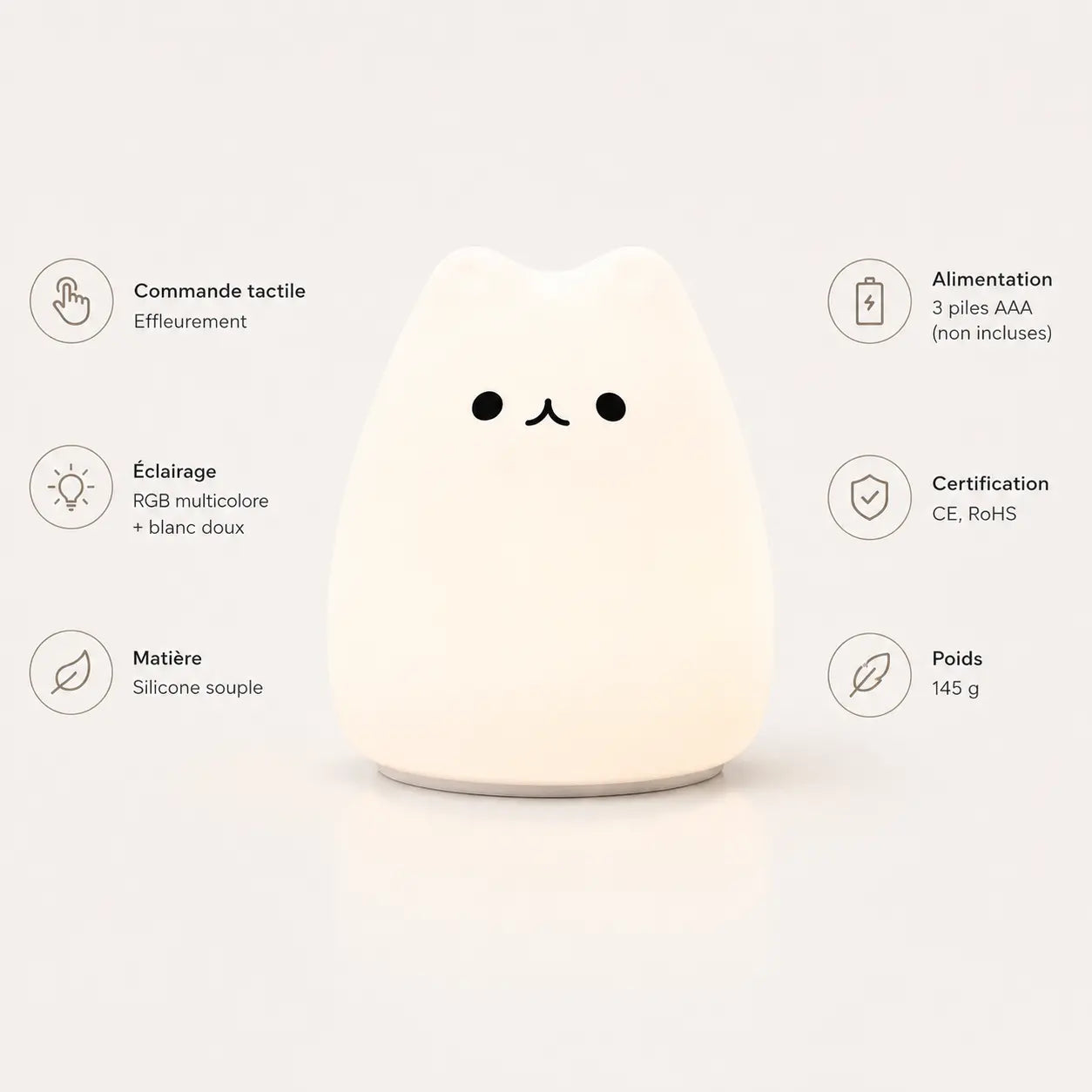 Infographie en français d'une veilleuse chat en silicone blanc allumée. Le visuel détaille ses caractéristiques techniques de chaque côté du produit : commande tactile par effleurement, éclairage RGB multicolore et blanc doux, matière silicone souple, alimentation par 3 piles AAA, certifications CE et RoHS, et poids de 145 g.