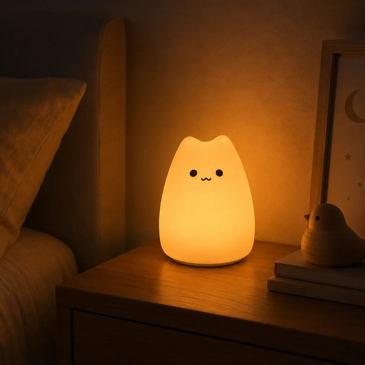 Veilleuse en silicone en forme de petit chat arrondi allumée sur une table de chevet en bois. Elle diffuse une douce lueur chaude orangée à côté d'un lit et de petits objets déco, créant une ambiance calme et propice au sommeil.