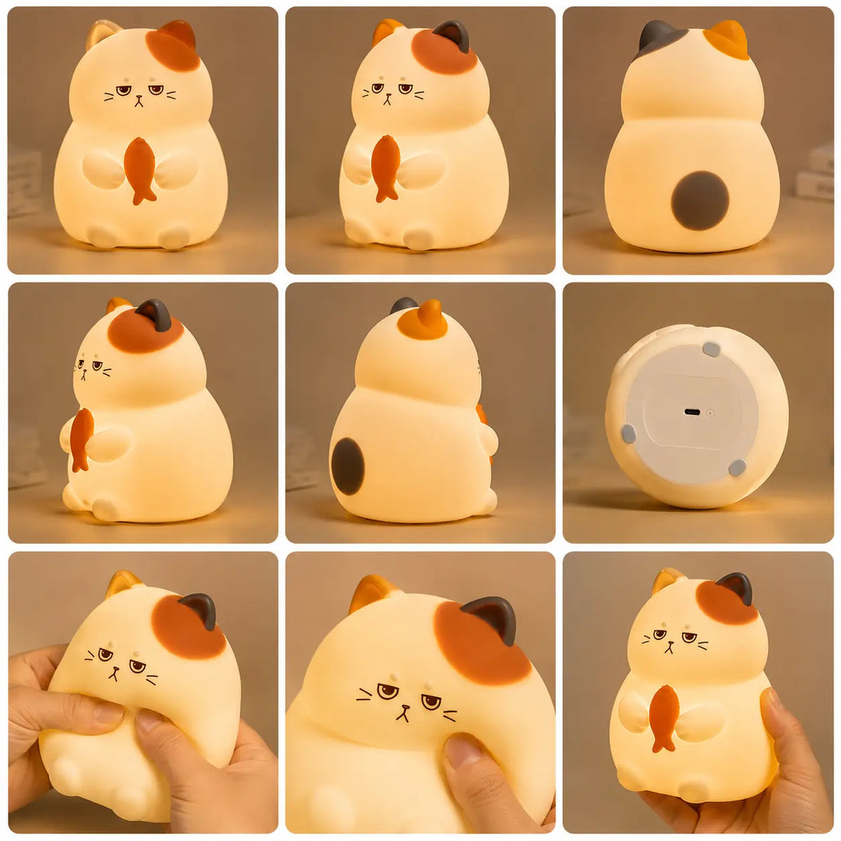 Mosaïque de neuf images présentant une veilleuse chat en silicone allumée sous différents angles et situations. Elle illustre le produit de face, de profil, de dos avec ses taches grises et rousses, sa base ronde avec son port de charge USB, ainsi que sa texture souple pressée et manipulée par des mains, diffusant une douce lueur jaune tamisée.