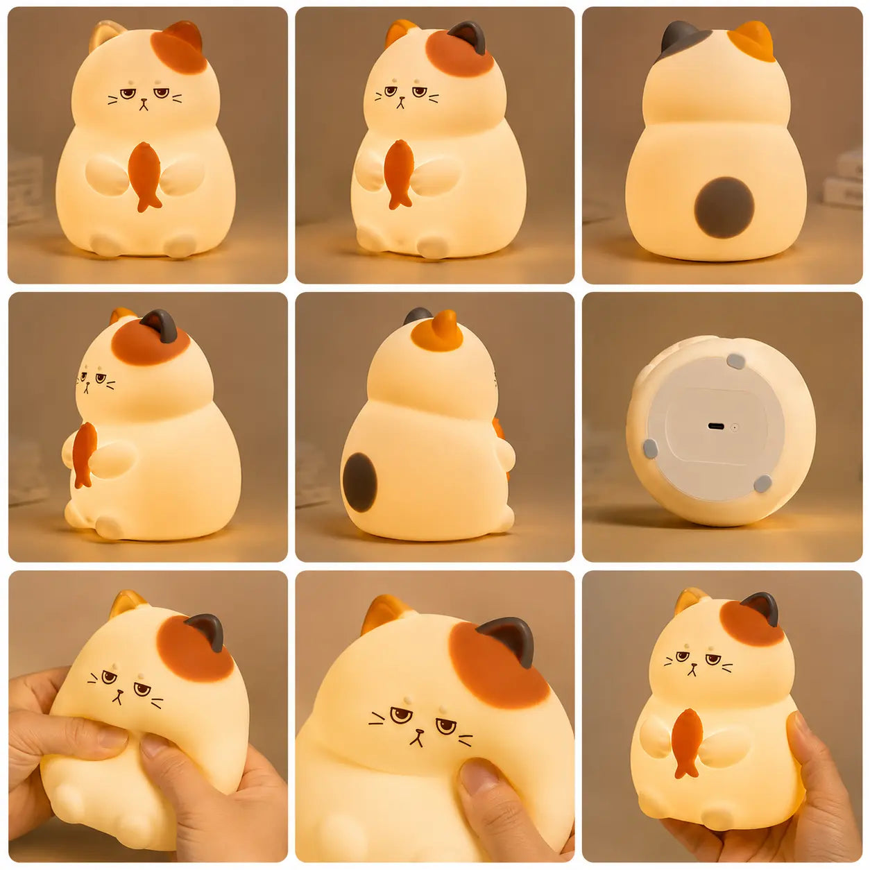Mosaïque de neuf images présentant une veilleuse chat en silicone allumée sous différents angles et situations. Elle illustre le produit de face, de profil, de dos avec ses taches grises et rousses, sa base ronde avec son port de charge USB, ainsi que sa texture souple pressée et manipulée par des mains, diffusant une douce lueur jaune tamisée.