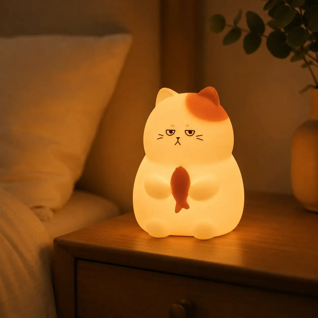 Veilleuse en silicone en forme de petit chat blanc allumée sur une table de chevet en bois dans une chambre, diffusant une douce lueur jaune tamisée. Le chat, doté d'une tache orange sur l'oreille et d'une expression boudeuse, tient son petit poisson entre les pattes à côté d'un lit et d'un vase pour une ambiance chaleureuse.