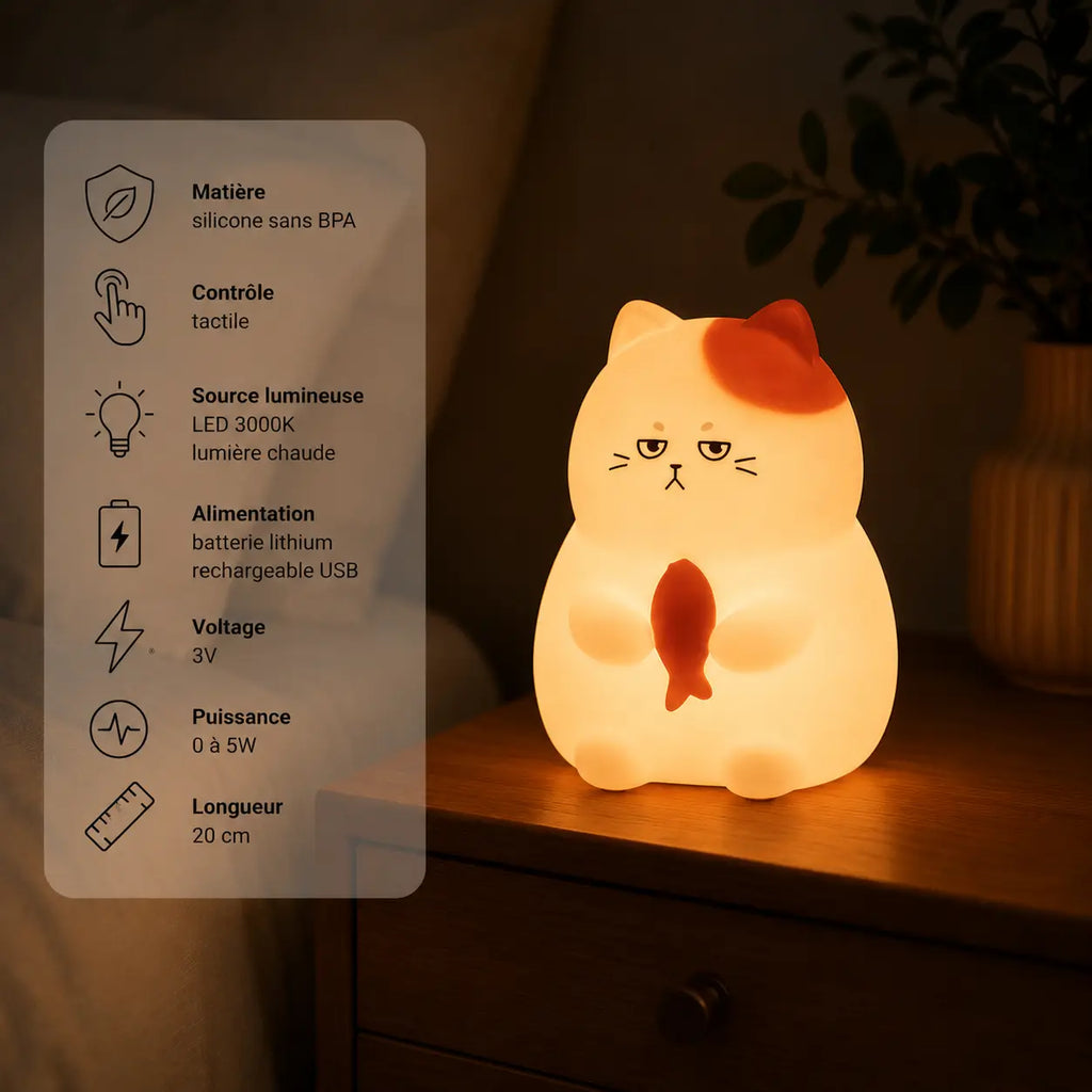 Infographie en français présentant une veilleuse chat en silicone allumée sur une table de chevet en bois, détaillant ses caractéristiques techniques (matière silicone sans BPA, contrôle tactile, source lumineuse LED 3000K lumière chaude, alimentation batterie lithium rechargeable USB, voltage 3V, puissance 0 à 5W, longueur 20 cm). Elle diffuse une lueur jaune et tamisée à côté d'un vase dans une ambiance de chambre chaleureuse.