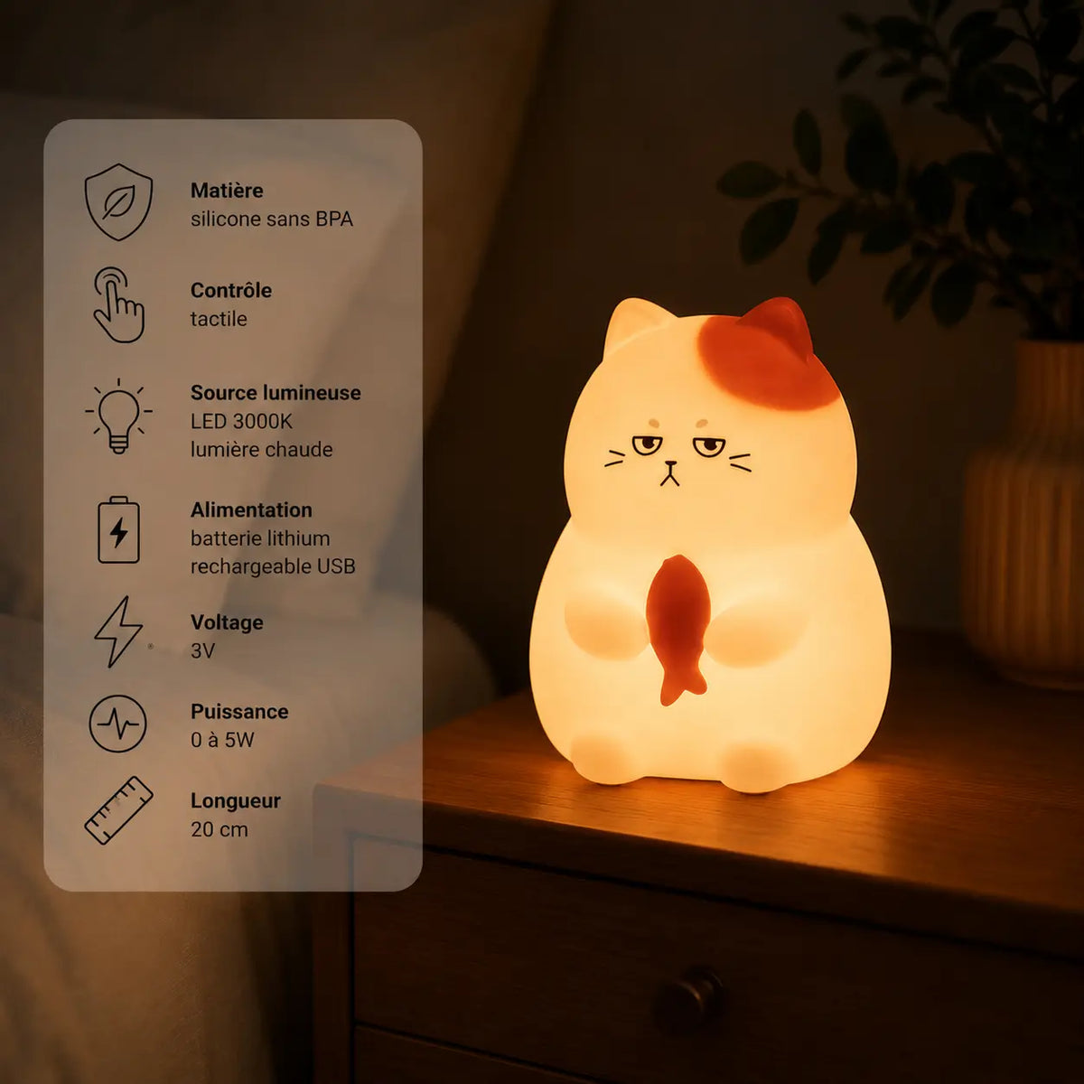 Infographie en français présentant une veilleuse chat en silicone allumée sur une table de chevet en bois, détaillant ses caractéristiques techniques (matière silicone sans BPA, contrôle tactile, source lumineuse LED 3000K lumière chaude, alimentation batterie lithium rechargeable USB, voltage 3V, puissance 0 à 5W, longueur 20 cm). Elle diffuse une lueur jaune et tamisée à côté d'un vase dans une ambiance de chambre chaleureuse.