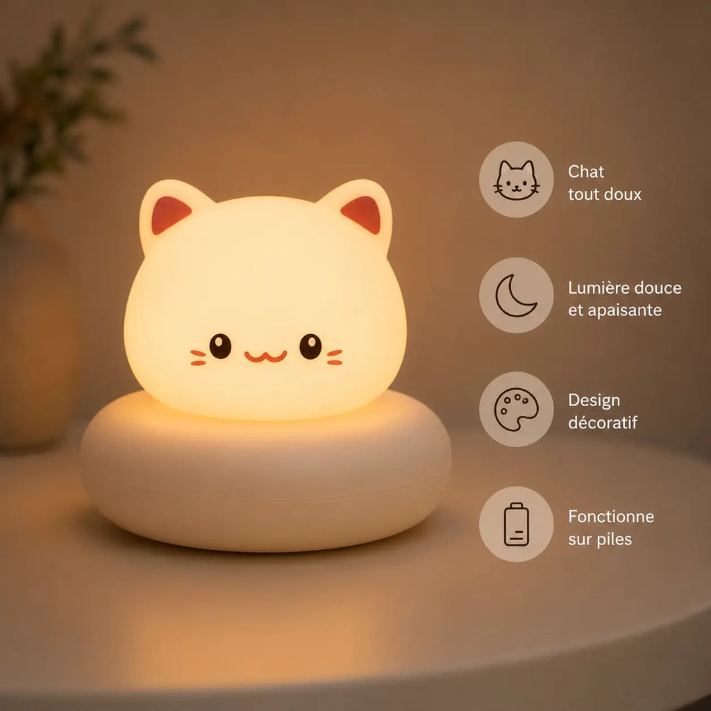 Veilleuse chat mignon illuminée posée sur son socle rond avec pictogrammes : chat tout doux, lumière douce et apaisante, design décoratif et fonctionne sur piles