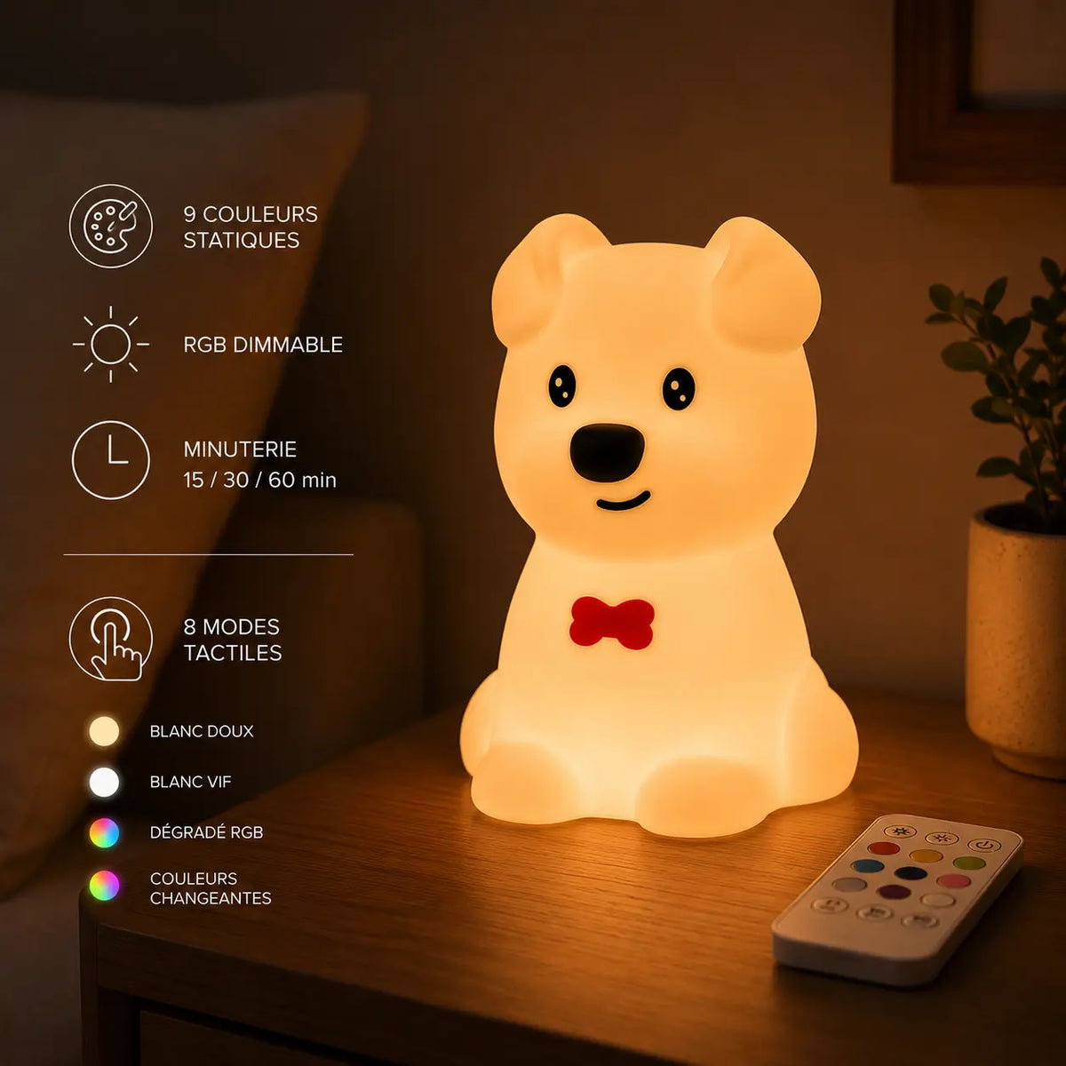 Infographie en français détaillant les modes télécommande et tactiles de la veilleuse en forme de petit chien.