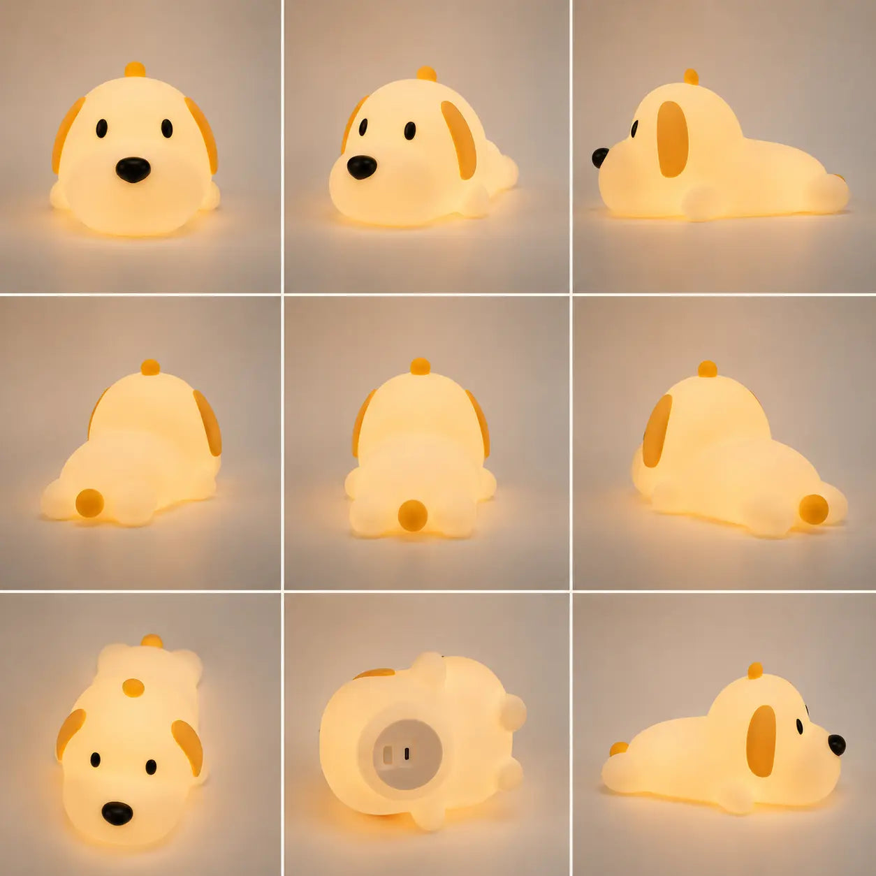Grille de neuf photos présentant une veilleuse en silicone en forme de petit chien allongé et allumée sous différents angles de vue sur fond blanc. La veilleuse est photographiée de face, de trois-quarts, de profil, de dos (laissant voir sa petite queue ronde orangée), du dessus et du dessous, montrant ainsi le port de charge USB et la base du produit.