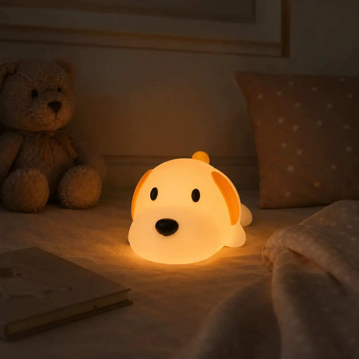 Veilleuse en silicone en forme de petit chien mignon et allongé, allumée au milieu d'un lit dans une chambre sombre. Elle diffuse une lueur chaleureuse et tamisée, créant une ambiance apaisante pour le sommeil, à côté d'un ours en peluche et d'un oreiller orné de petites étoiles.