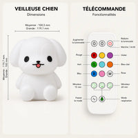 Infographie présentant les dimensions de la veilleuse chien et le fonctionnement de sa télécommande.