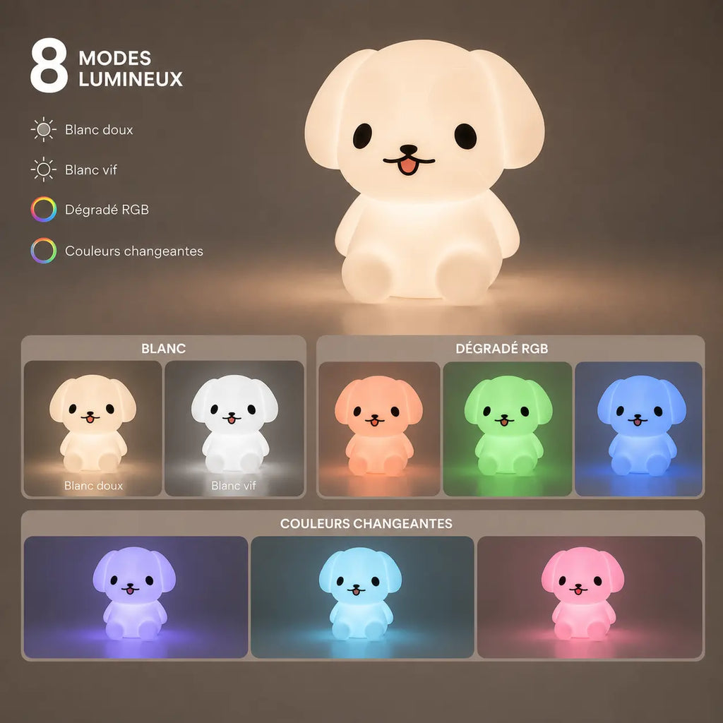 Infographie en français présentant les huit modes lumineux et couleurs changeantes de la veilleuse chiot.