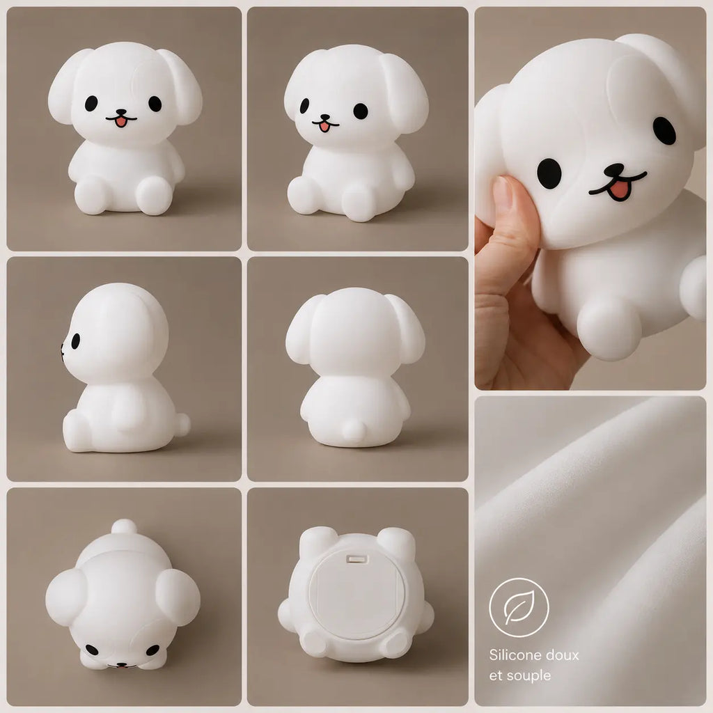 Multiples angles de vue et détails de la texture en silicone souple de la veilleuse chiot.