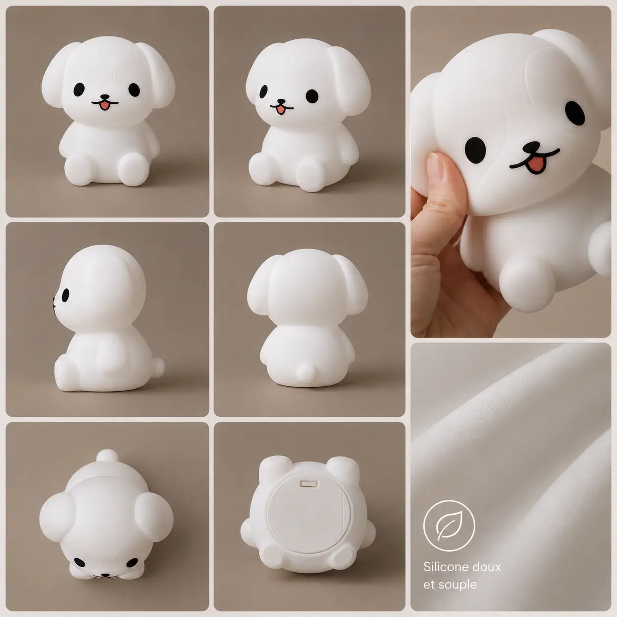 Multiples angles de vue et détails de la texture en silicone souple de la veilleuse chiot.