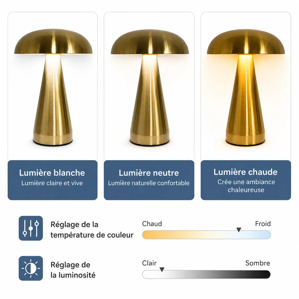 Veilleuse de table champignon dorée montrant les trois températures de couleur blanche neutre et chaude ainsi que les réglages