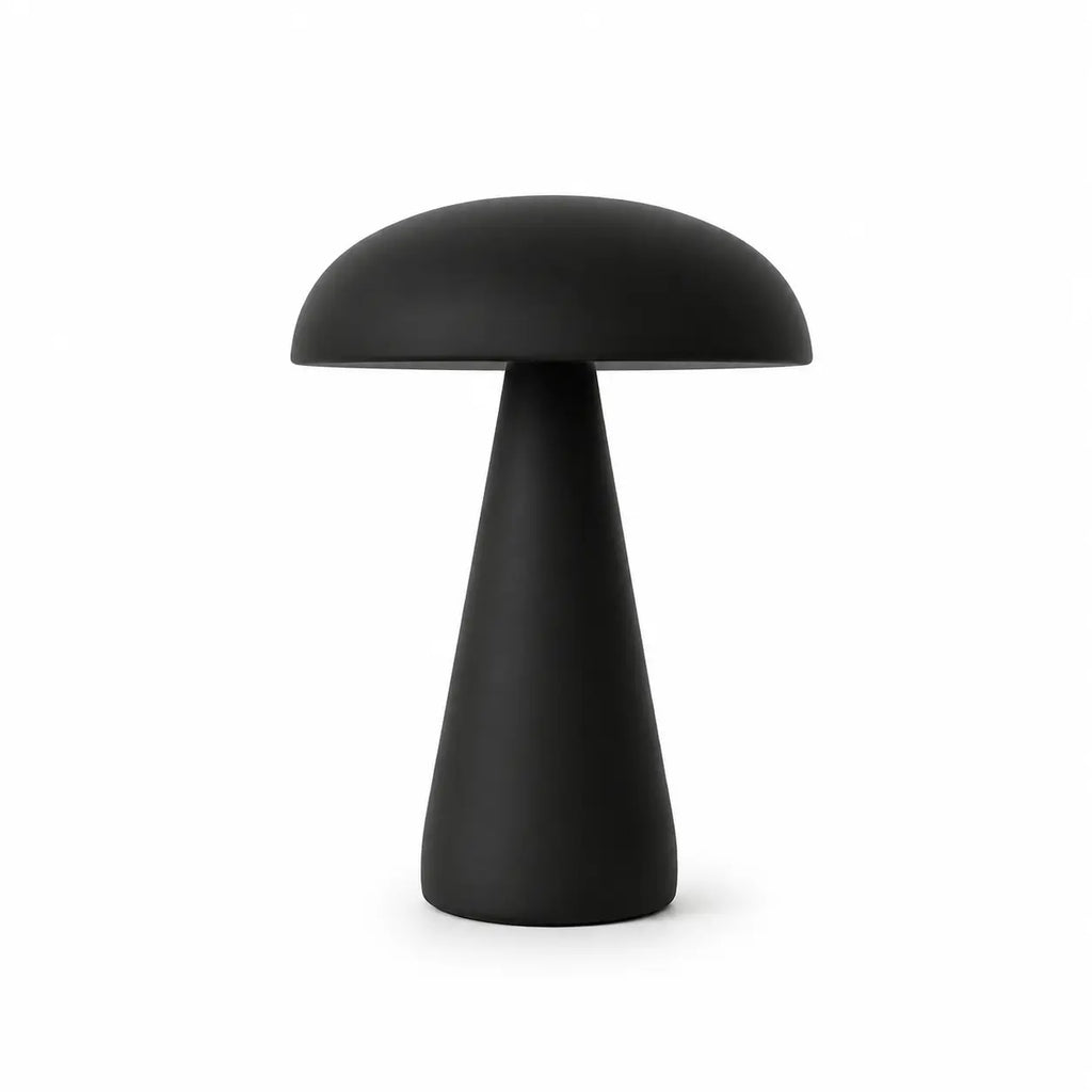 Veilleuse de table design en forme de champignon noir mat sur fond blanc