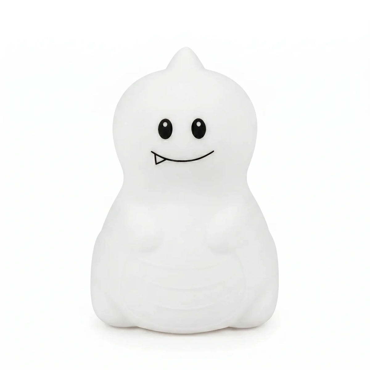 Veilleuse en silicone en forme de petit dinosaure blanc avec une petite dent, sur un fond blanc.