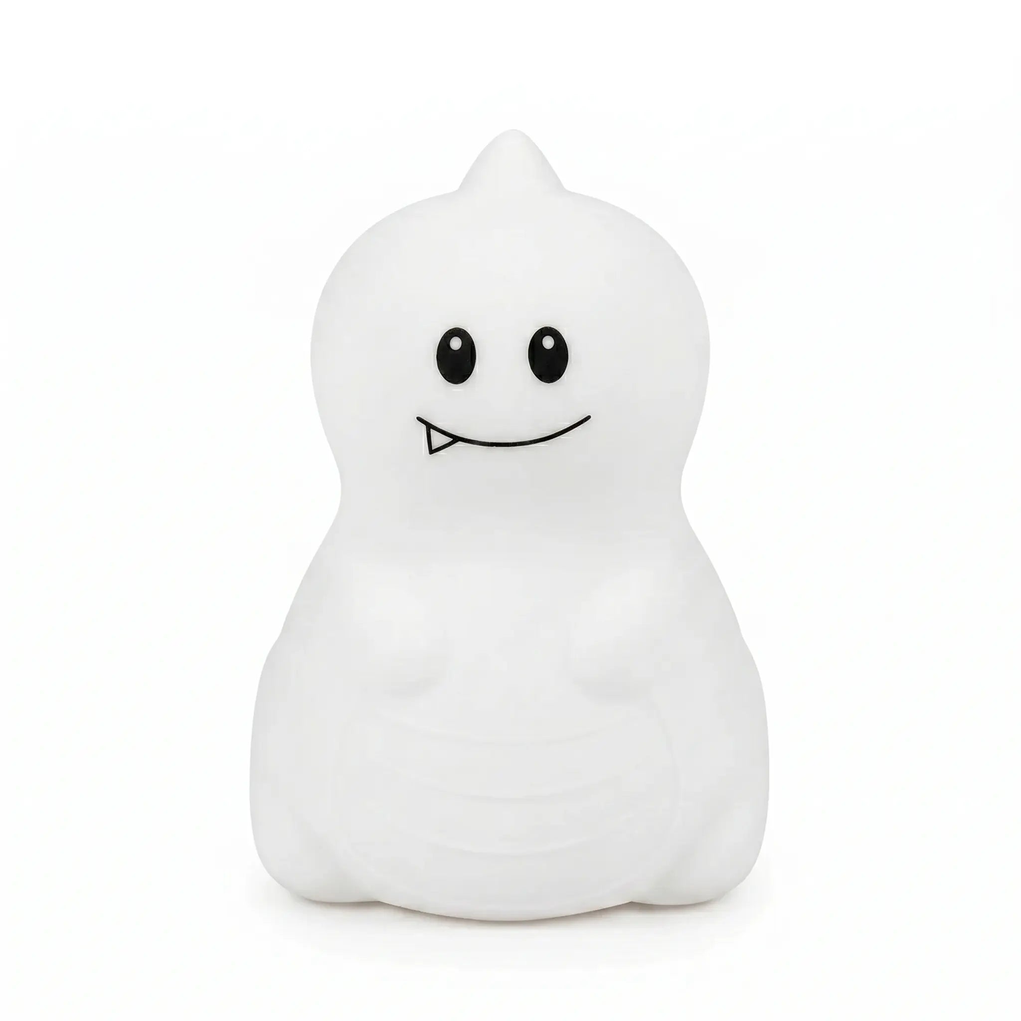 Veilleuse en silicone en forme de petit dinosaure blanc avec une petite dent, sur un fond blanc.