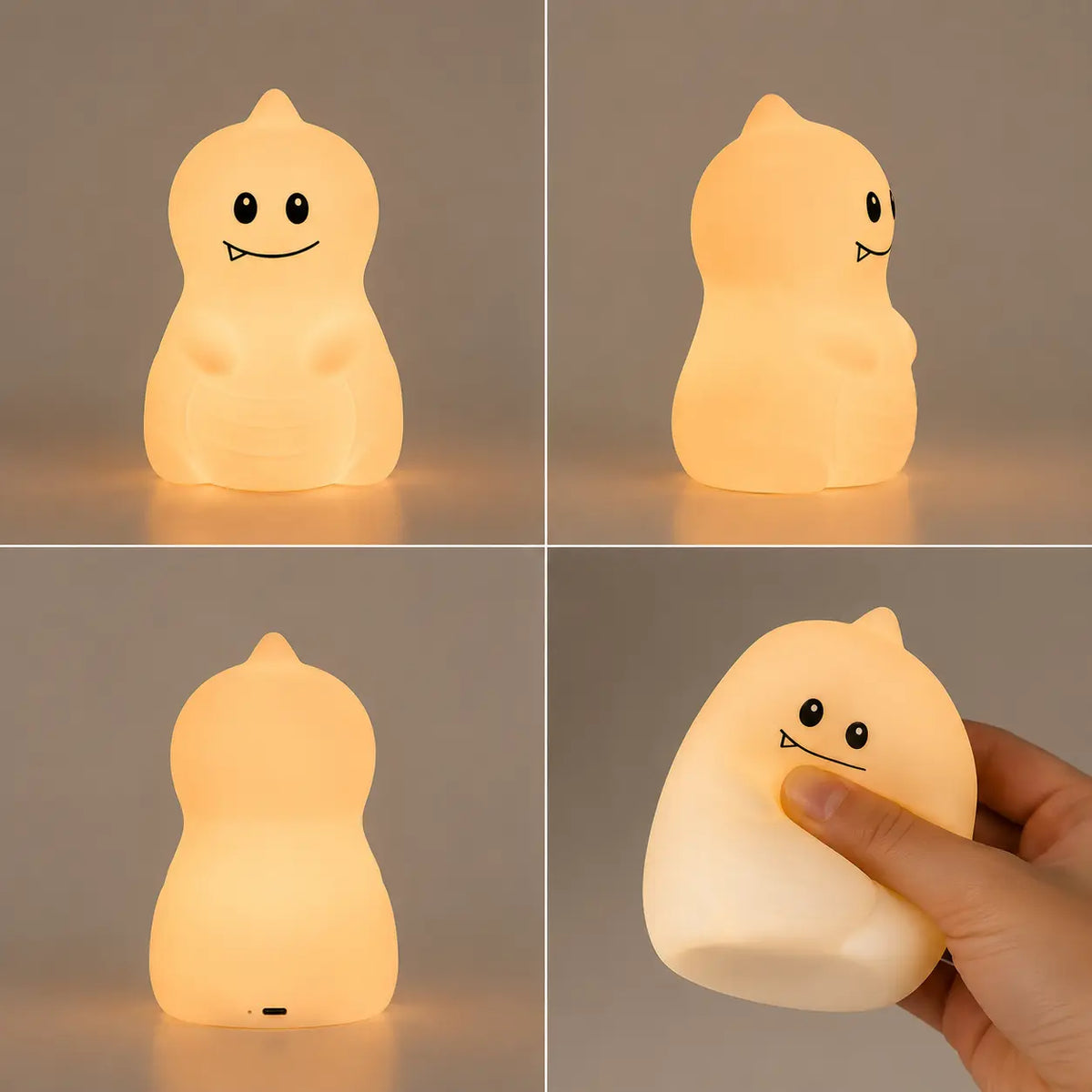 Différents angles de vue, texture souple en silicone et détails de la veilleuse allumée en forme de petit dinosaure.