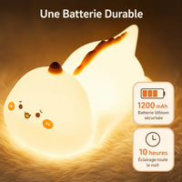 Infographie de la veilleuse dinosaure allumée mettant en avant une batterie lithium sécurisée de 1200 mAh offrant jusqu'à 10 heures d'éclairage.