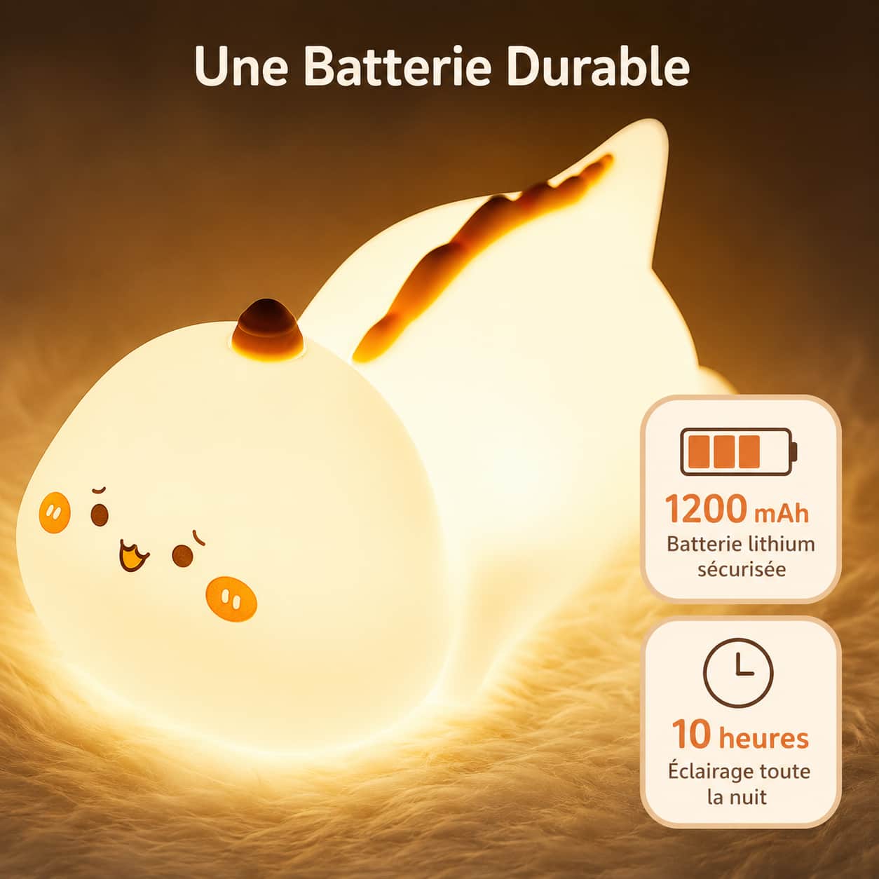 Infographie de la veilleuse dinosaure allumée mettant en avant une batterie lithium sécurisée de 1200 mAh offrant jusqu'à 10 heures d'éclairage.