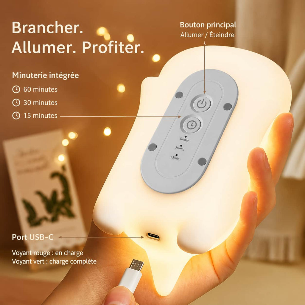 Infographie montrant le dessous de la veilleuse dinosaure avec les détails du bouton principal, des crans du minuteur et du port de charge USB-C.