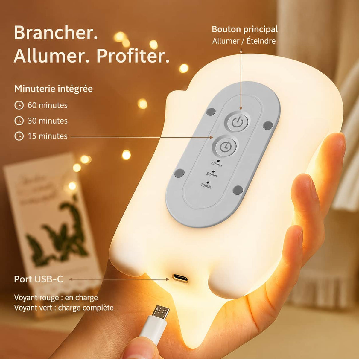 Infographie montrant le dessous de la veilleuse dinosaure avec les détails du bouton principal, des crans du minuteur et du port de charge USB-C.