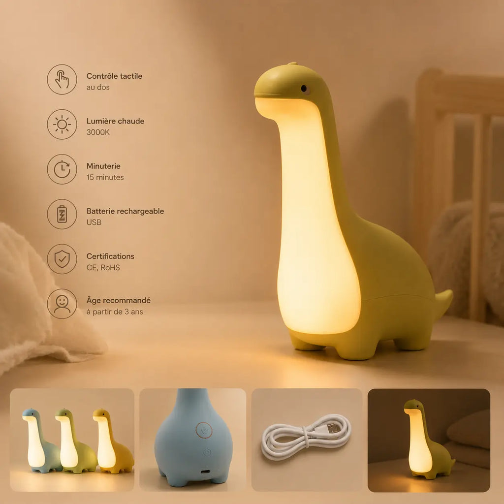 Infographie en français montrant les fonctionnalités de la veilleuse dinosaure verte et ses accessoires.