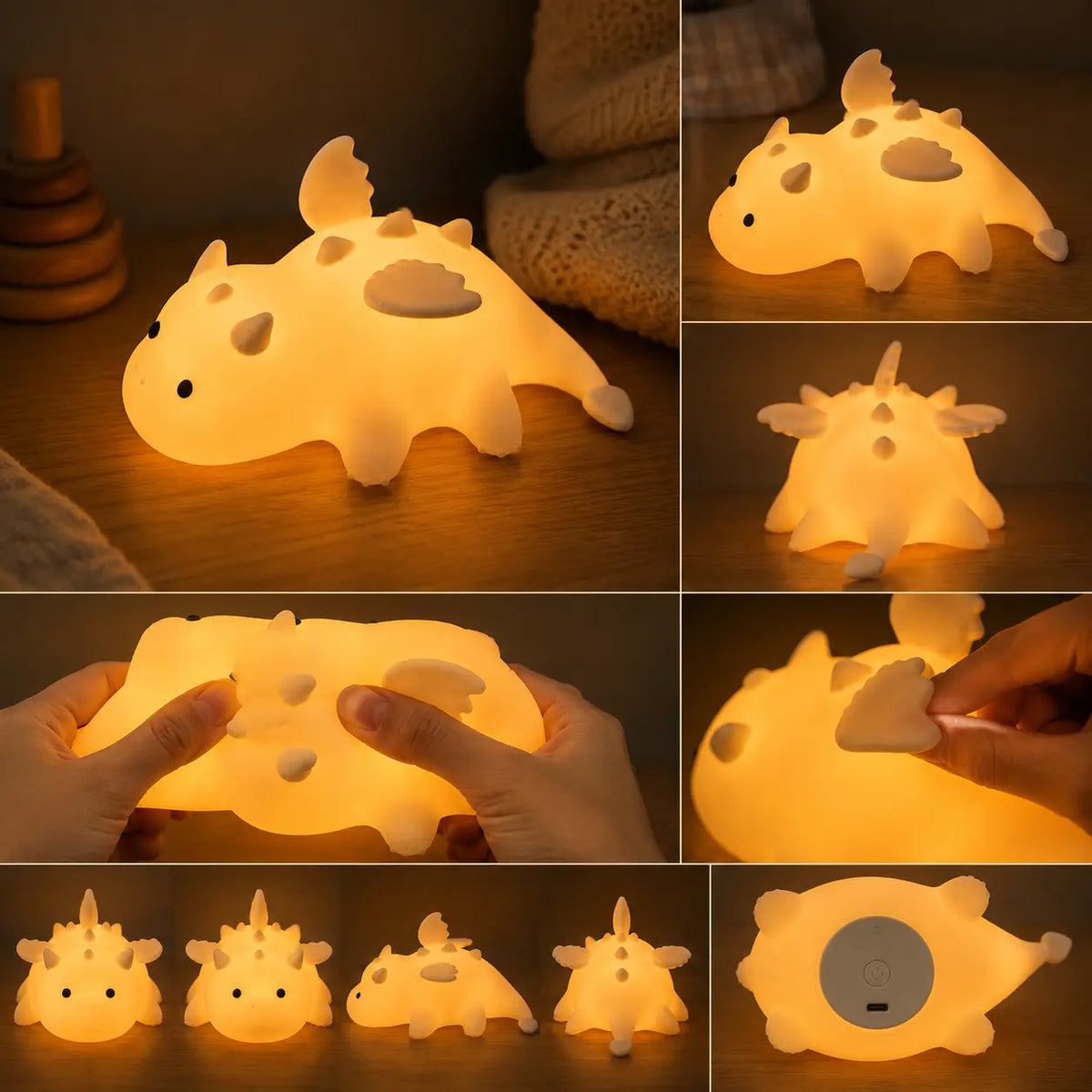 Ensemble de photos montrant la veilleuse dragon en silicone souple sous différents angles, démontrant sa flexibilité et son port de recharge USB