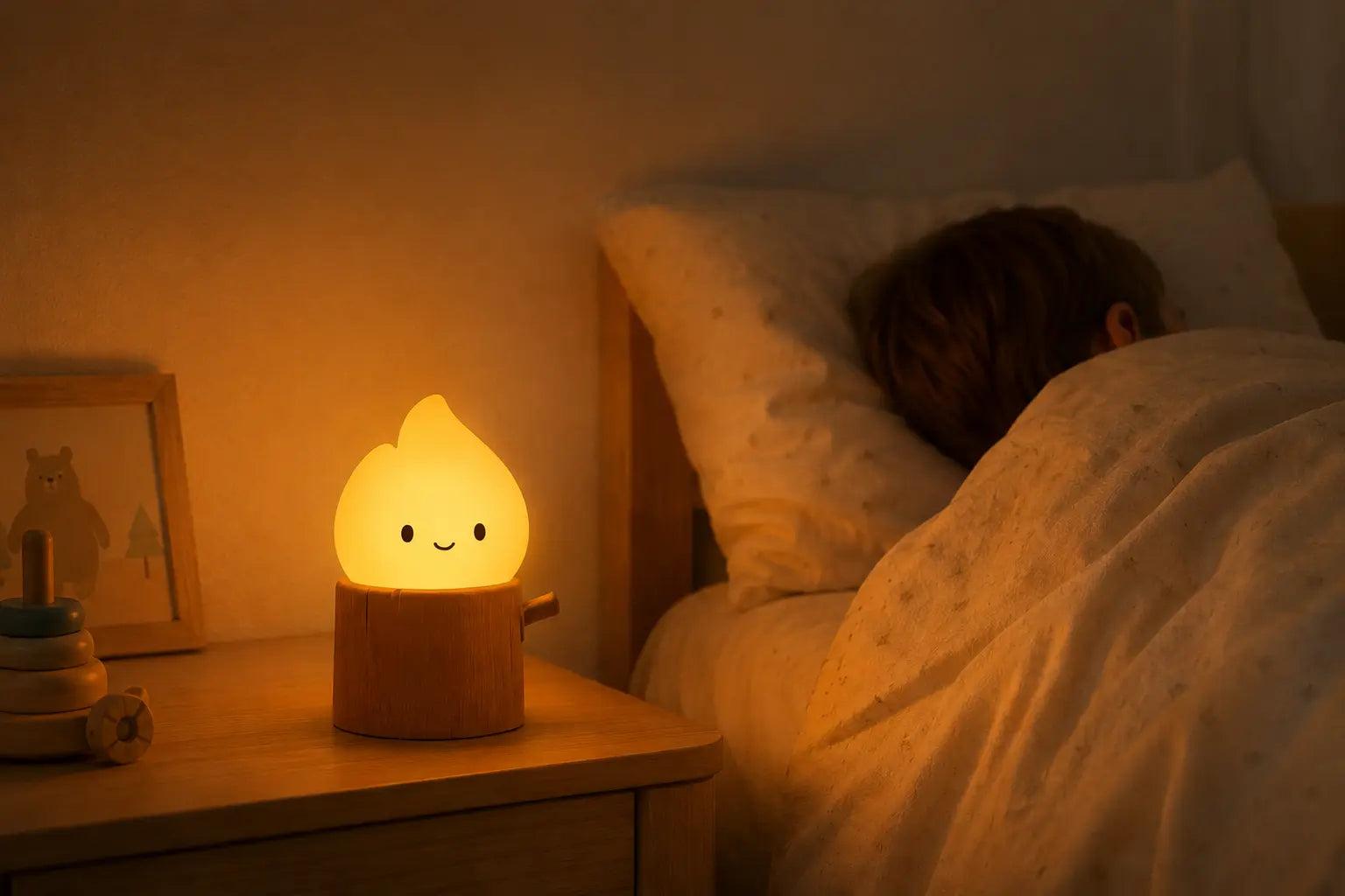 Petite veilleuse enfant allumée en forme de goutte ou de flamme souriante avec une base imitation bois, posée sur une table de chevet à côté d'un enfant endormi dans son lit.