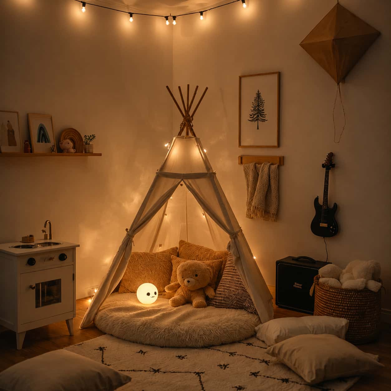 Veilleuse enfant diffusant une lumière douce dans une tente de jeu aménagée avec des coussins et un ours en peluche. Image
