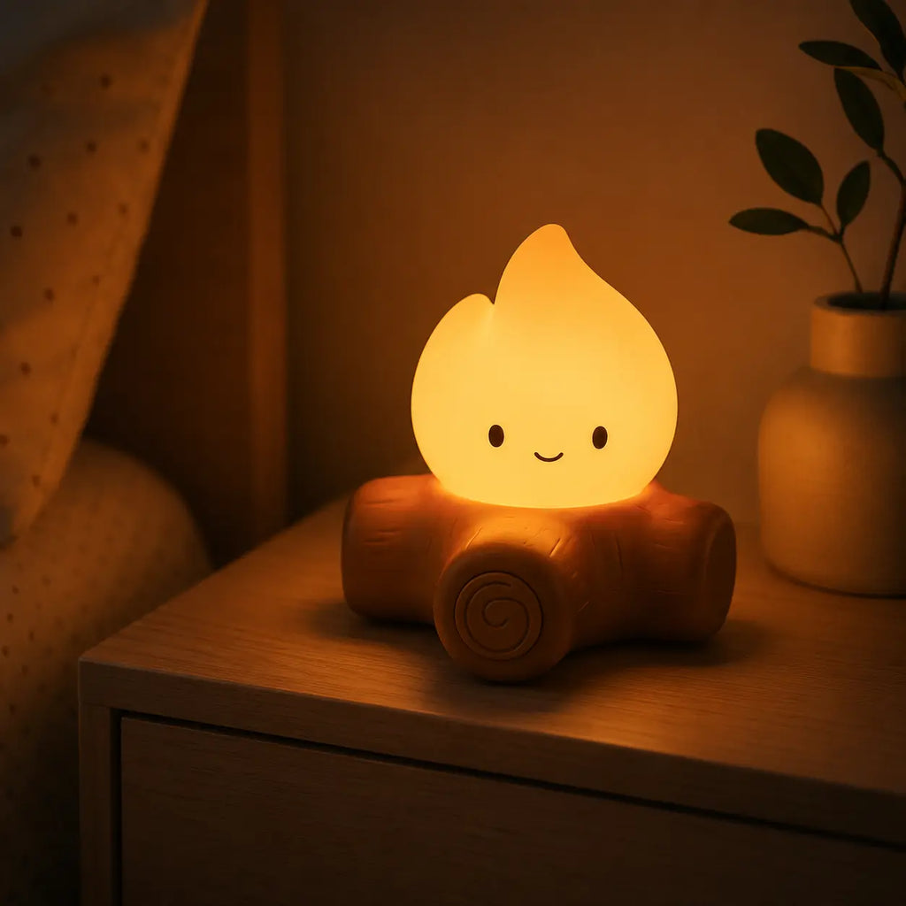 Veilleuse en forme de feu de camp souriante éclairée d'une lumière chaude posée sur une table de nuit