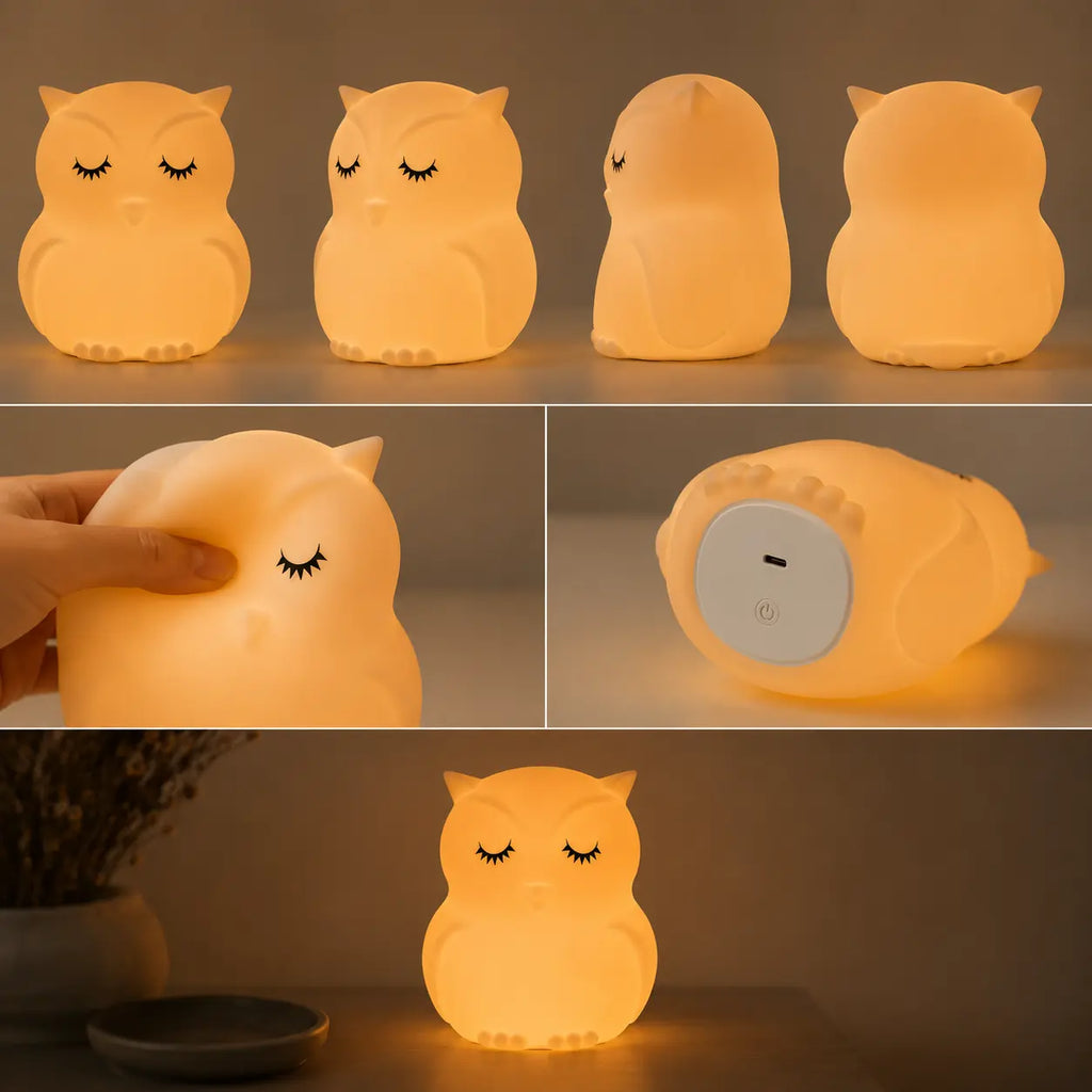 Différents angles de vue, texture souple en silicone et détails de la veilleuse allumée en forme de petit hibou aux yeux fermés.