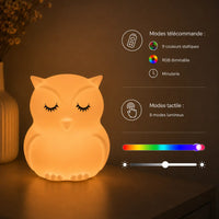 Infographie en français expliquant les modes télécommande et tactile de la veilleuse en forme de hibou allumée.