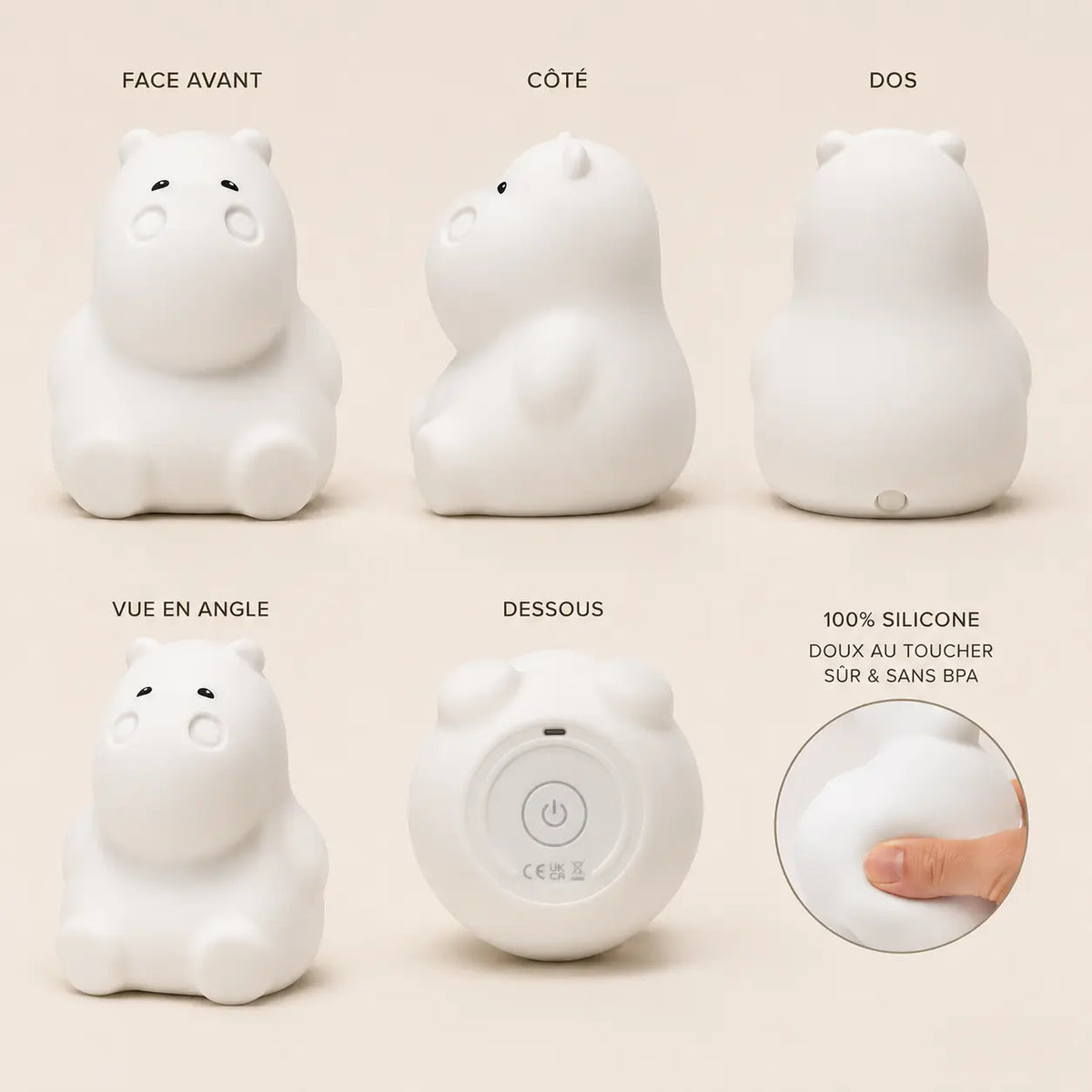 Différents angles de vue, dessous et texture souple en silicone de la veilleuse en forme de petit hippopotame.
