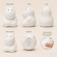 Différents angles de vue, dessous et texture souple en silicone de la veilleuse en forme de petit hippopotame.