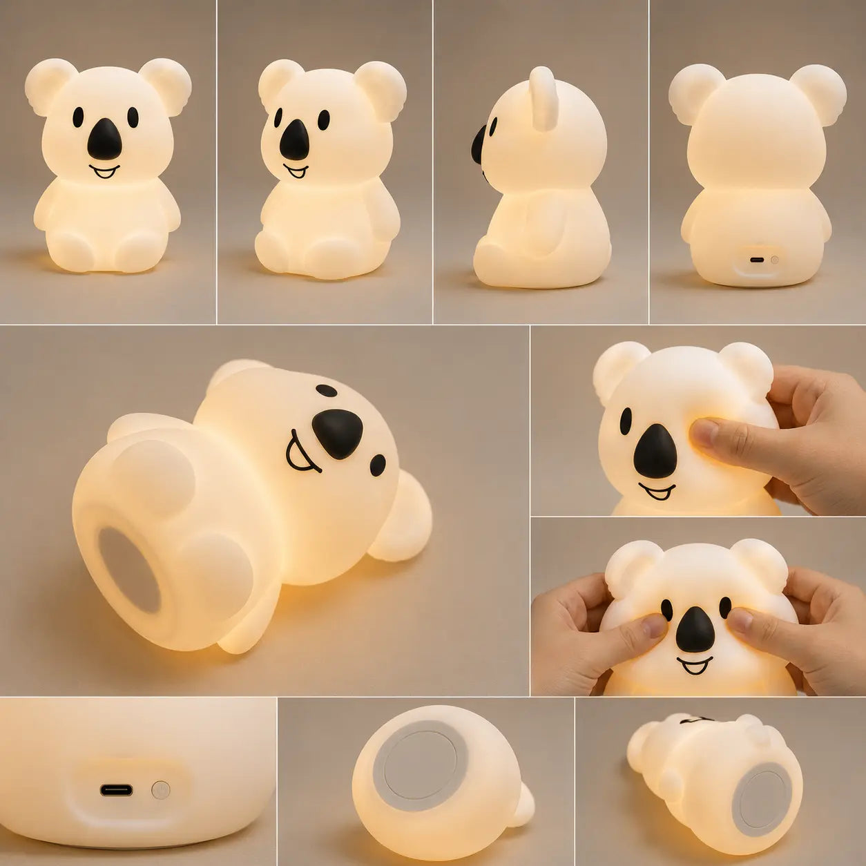 Différents angles de vue, texture souple en silicone et détails de recharge de la veilleuse en forme de petit koala.