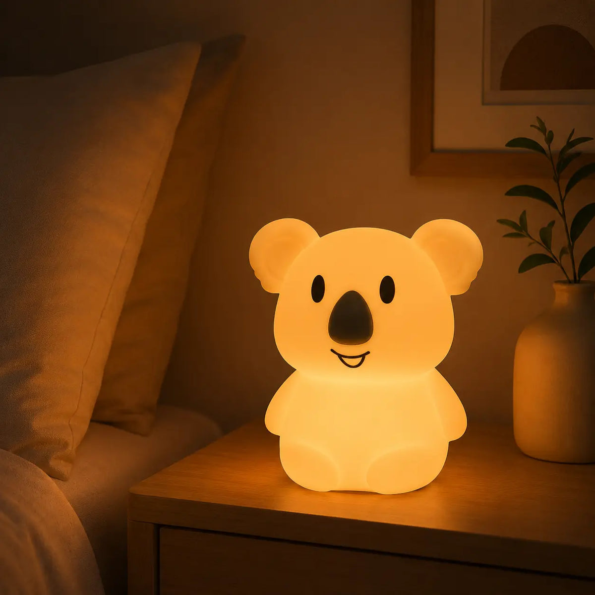 Veilleuse en forme de petit koala allumée posée sur une table de chevet dans l'obscurité.