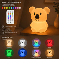 Infographie en français détaillant les modes télécommande et les modes tactiles de la veilleuse koala.