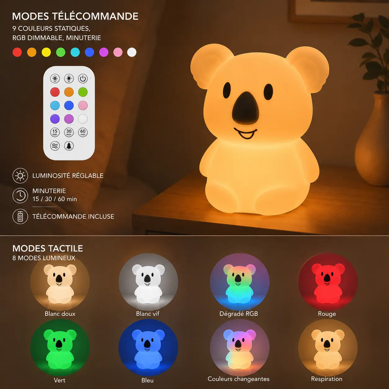 Infographie en français détaillant les modes télécommande et les modes tactiles de la veilleuse koala.