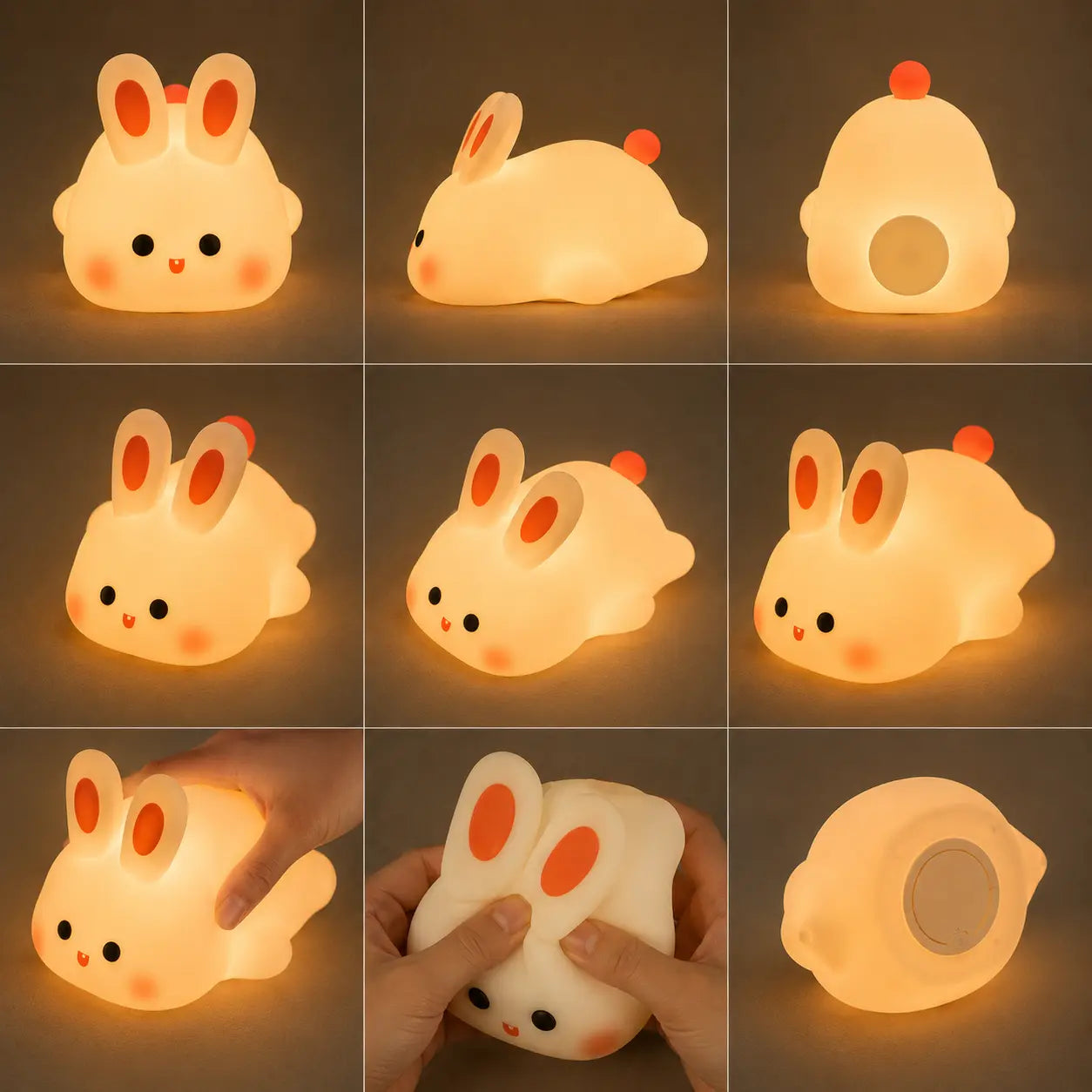 Mosaïque de neuf images présentant une veilleuse lapin en silicone allumée sous différents angles et situations. Elle illustre le produit couché de face, de profil, de dos avec son petit pompon rouge, sa base ronde, ainsi que sa texture souple pressée et manipulée par des mains, diffusant une douce lueur jaune tamisée.
