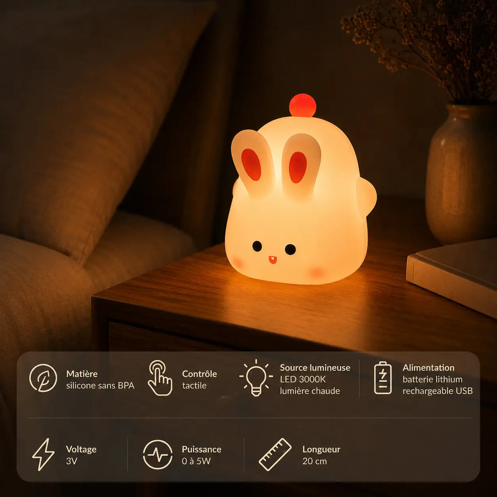 Infographie en français présentant une veilleuse lapin en silicone allumée sur une table de chevet en bois, détaillant ses caractéristiques techniques (matière silicone sans BPA, contrôle tactile, source lumineuse LED 3000K lumière chaude, alimentation batterie lithium rechargeable USB, voltage 3V, puissance 0 à 5W, longueur 20 cm). Elle diffuse une douce lueur jaune tamisée à côté d'un canapé et d'un vase dans une ambiance chaleureuse.